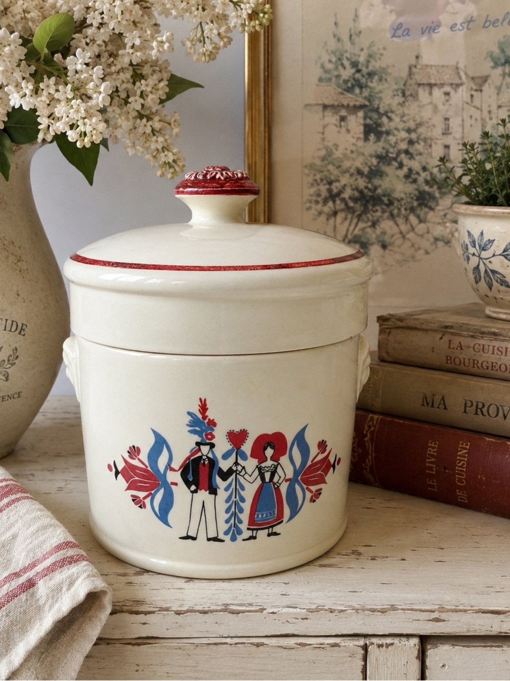VTG 40s 60s Ribeauville French Cottage Country Folk Ceramic Jar Farmhouse Rustic